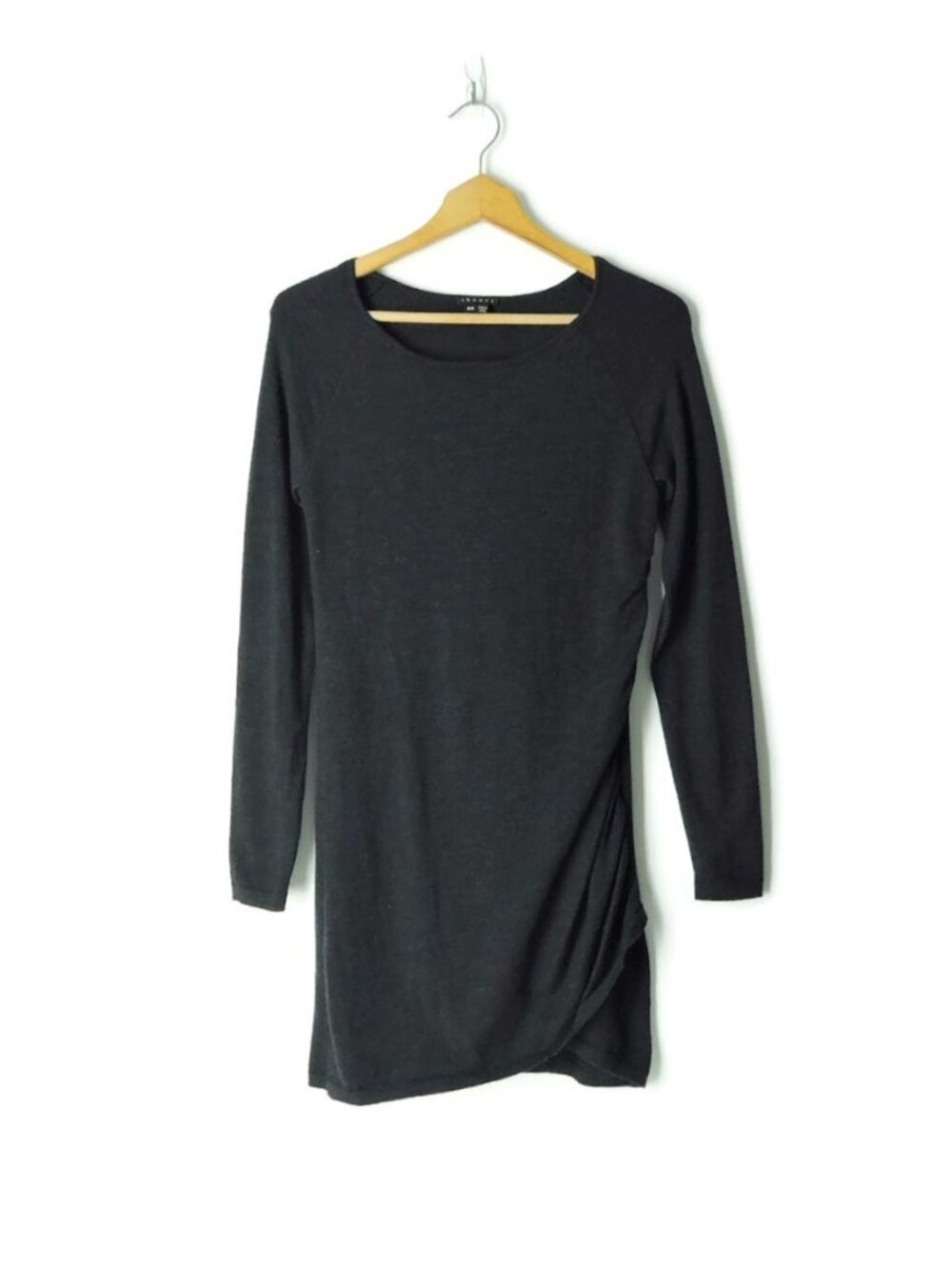 Theory Black long sleeve ruched elegant stretch Wool knit sweater Dress M